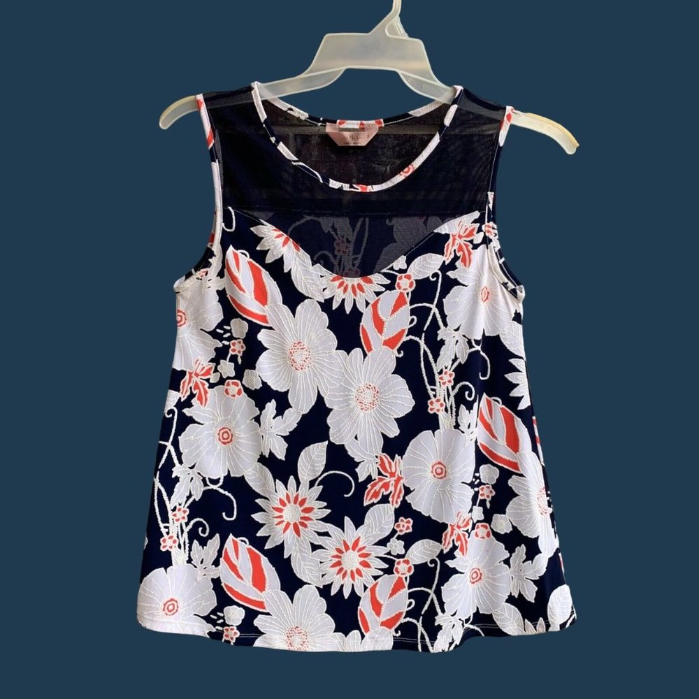 SJS Women's Sleeveless Top Blouse Mesh Contrast Floral Print Size S